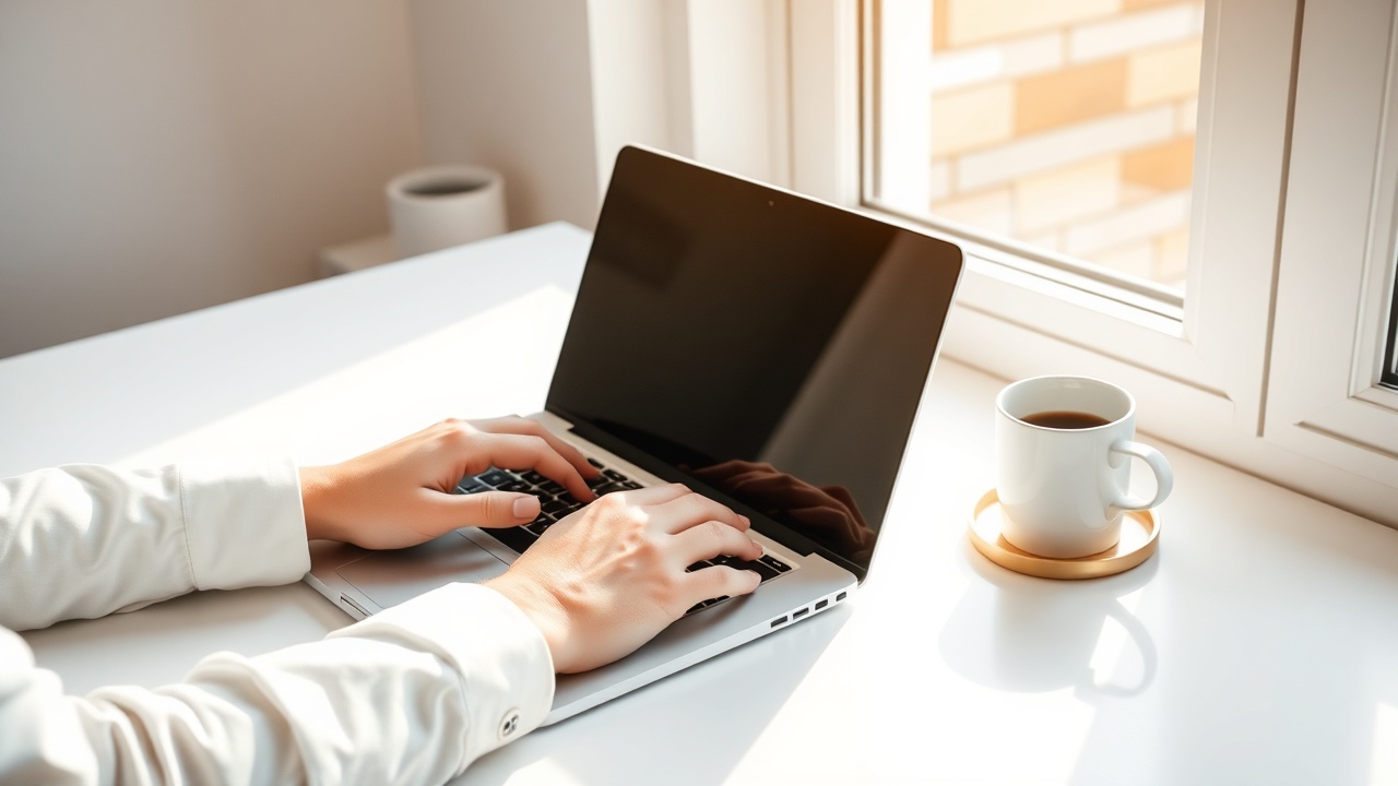 Person creating affiliate content on laptop in professional workspace