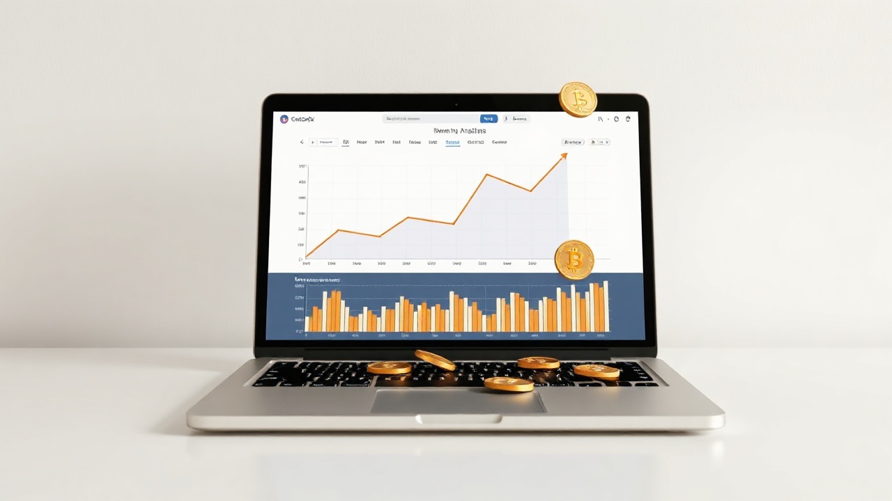 Laptop showing growth analytics with gold coins