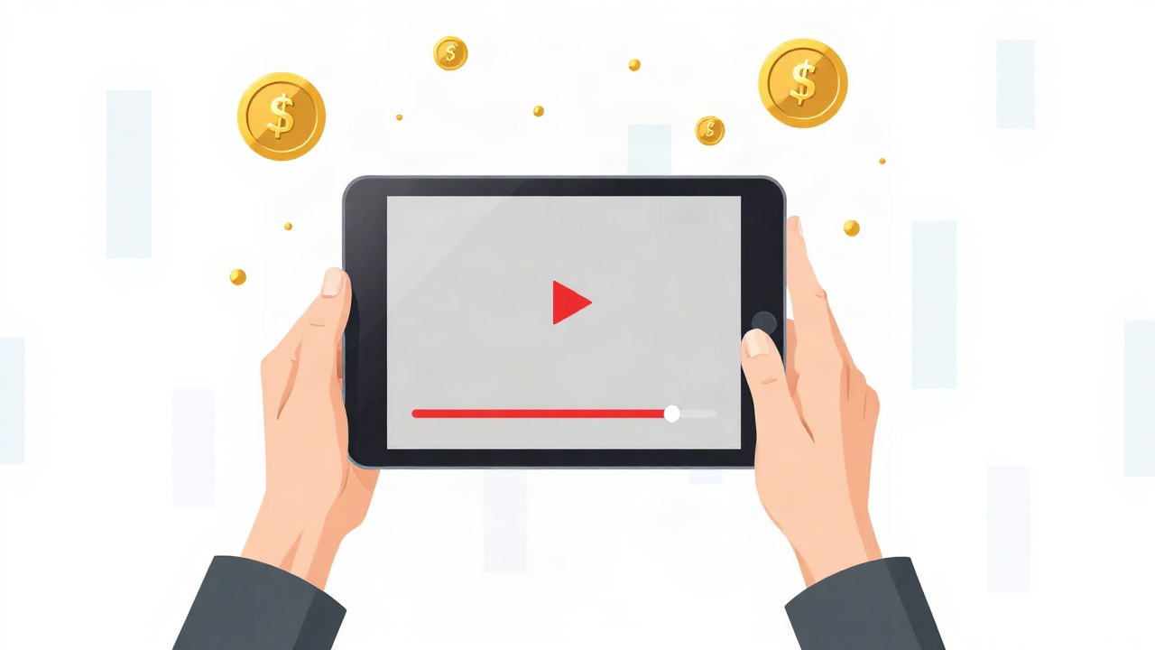 tablet displaying online course video with floating gold coins representing earnings