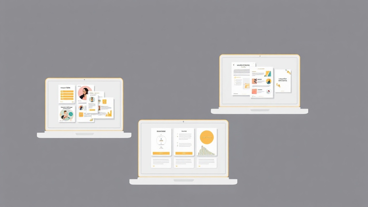 Digital products displayed on floating screens