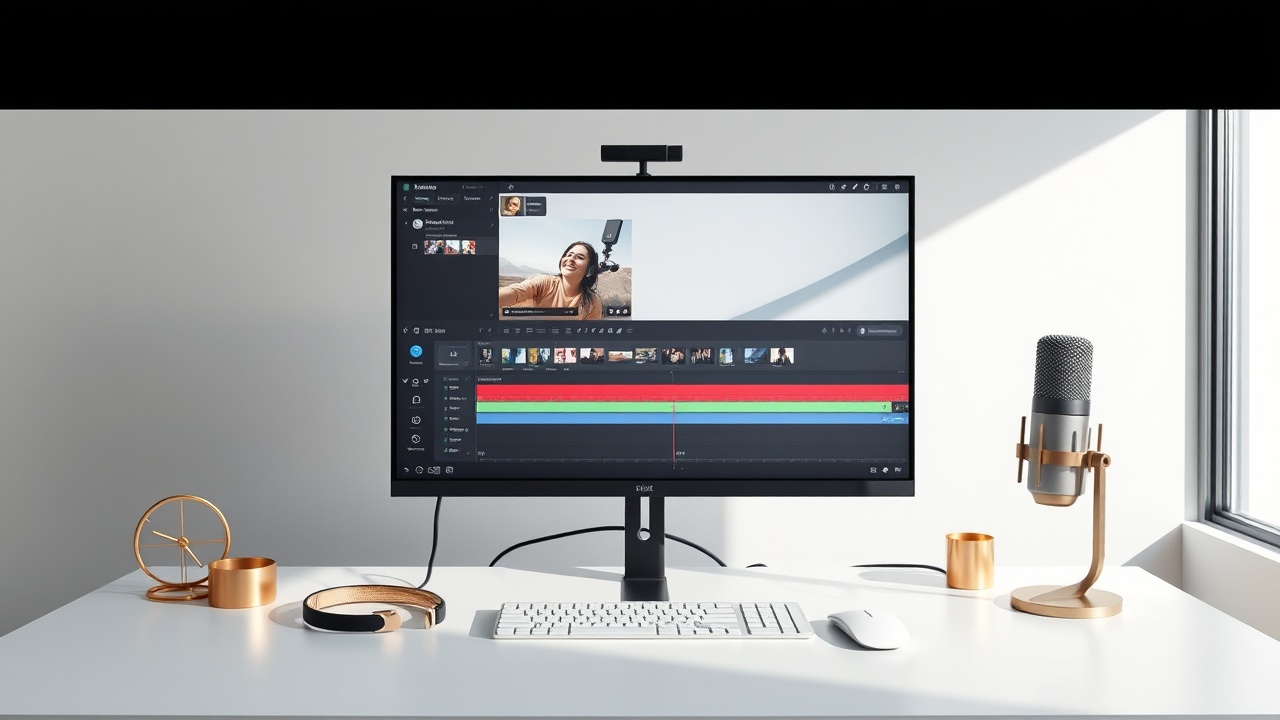 Professional faceless YouTube creator workspace setup