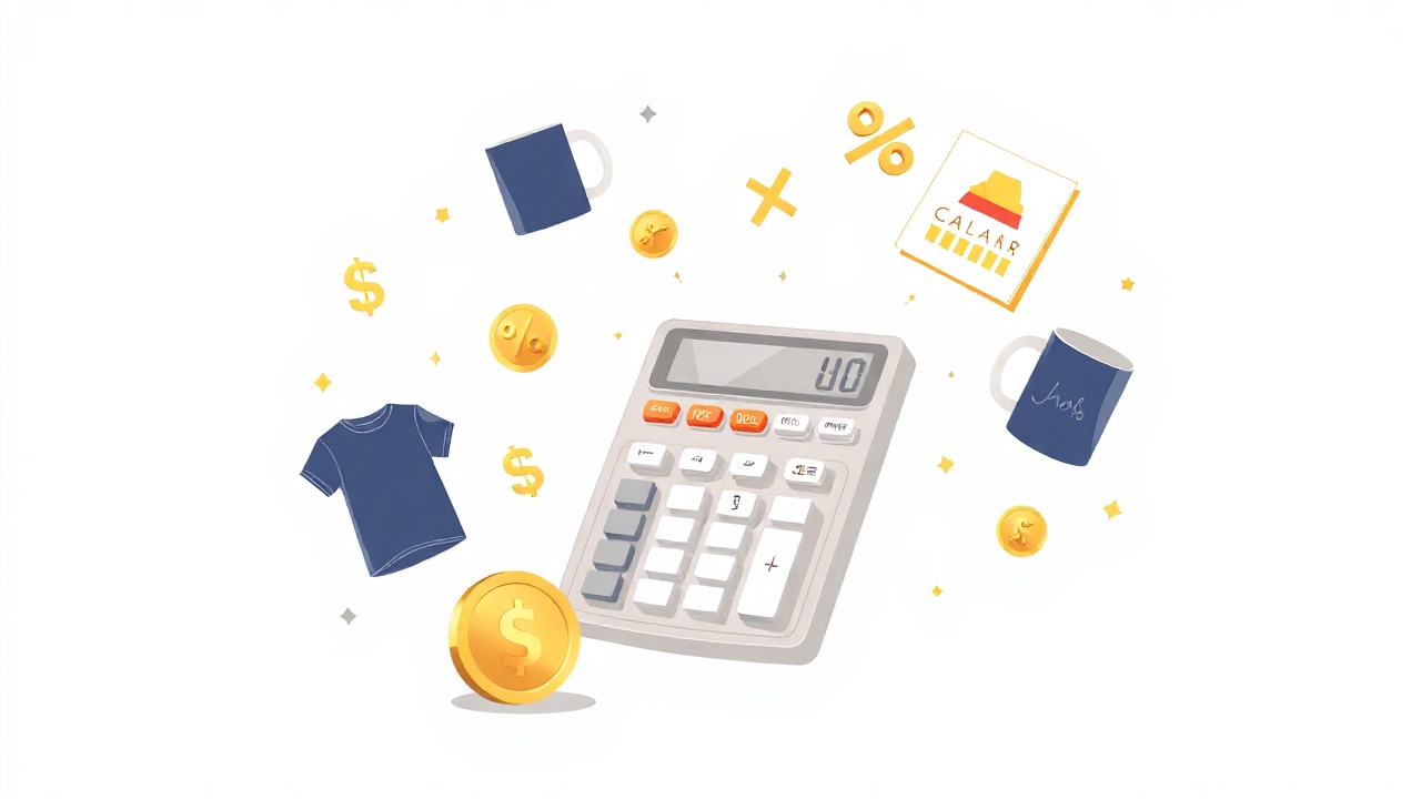 Calculator surrounded by print on demand products and profit symbols