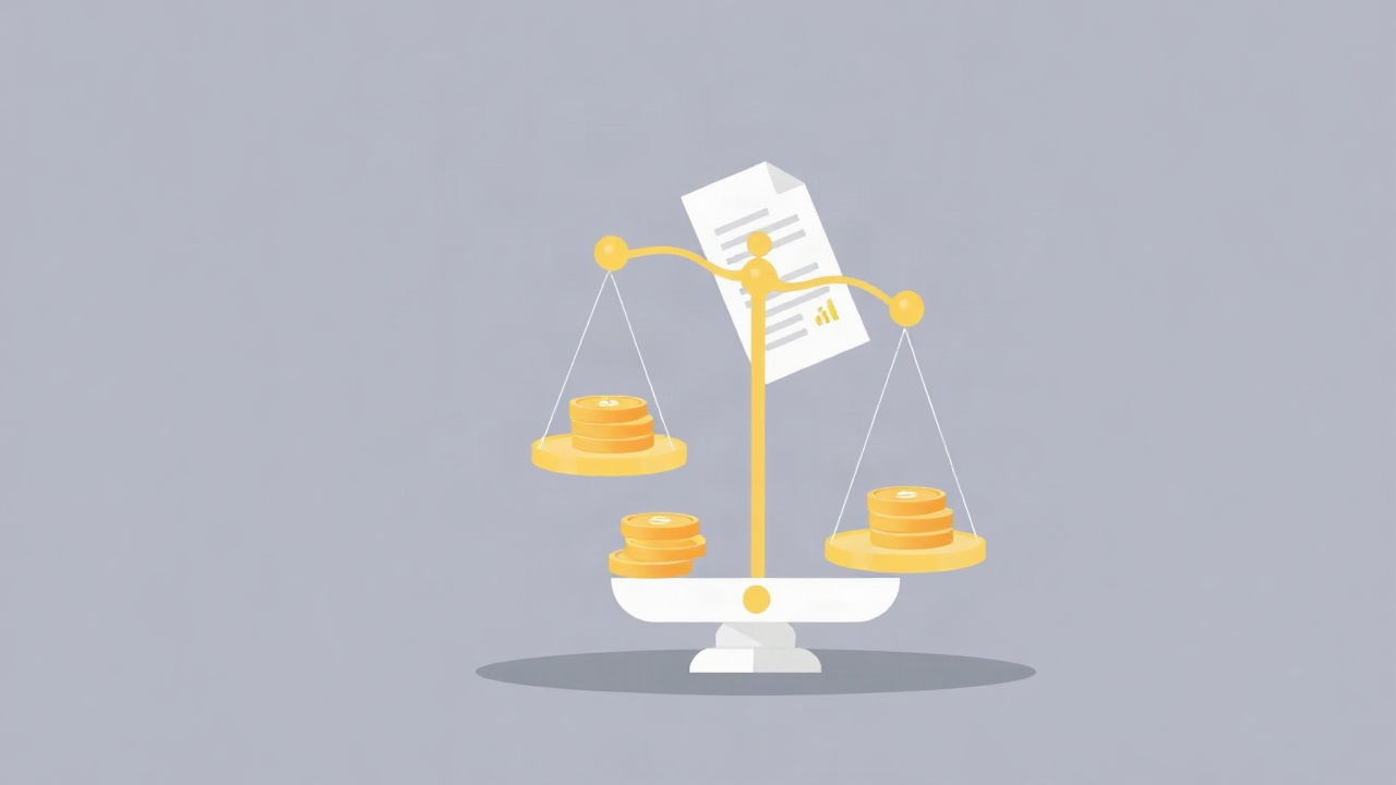 Illustration of pricing balance scale with coins and documents