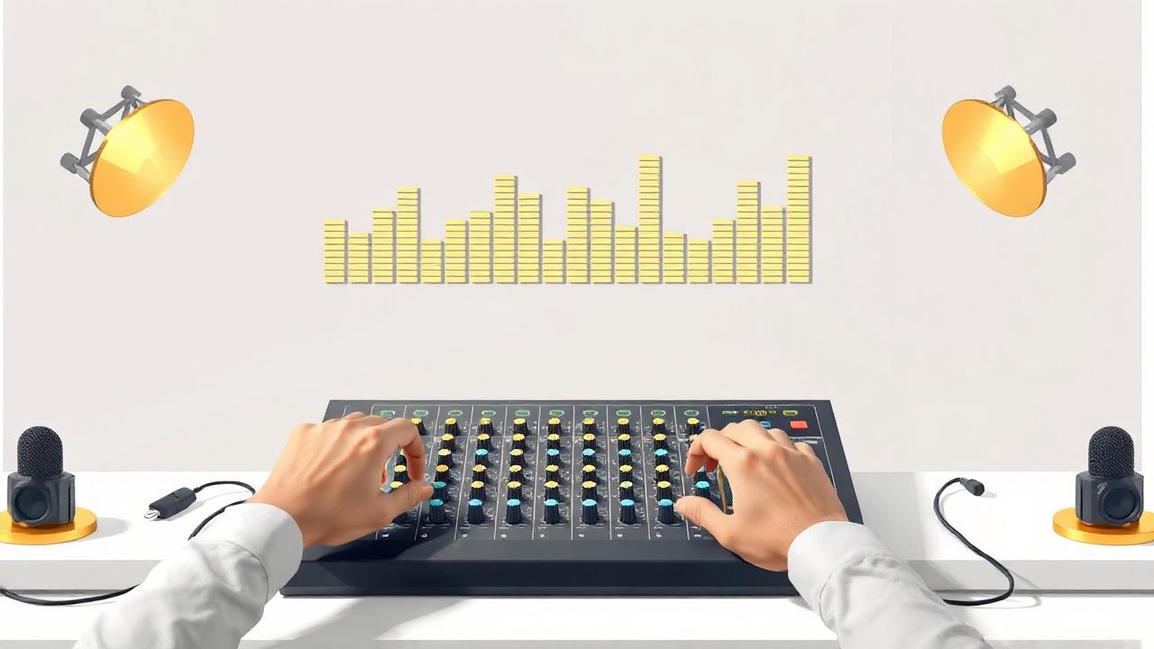 podcast creator adjusting audio equipment with golden sound waves