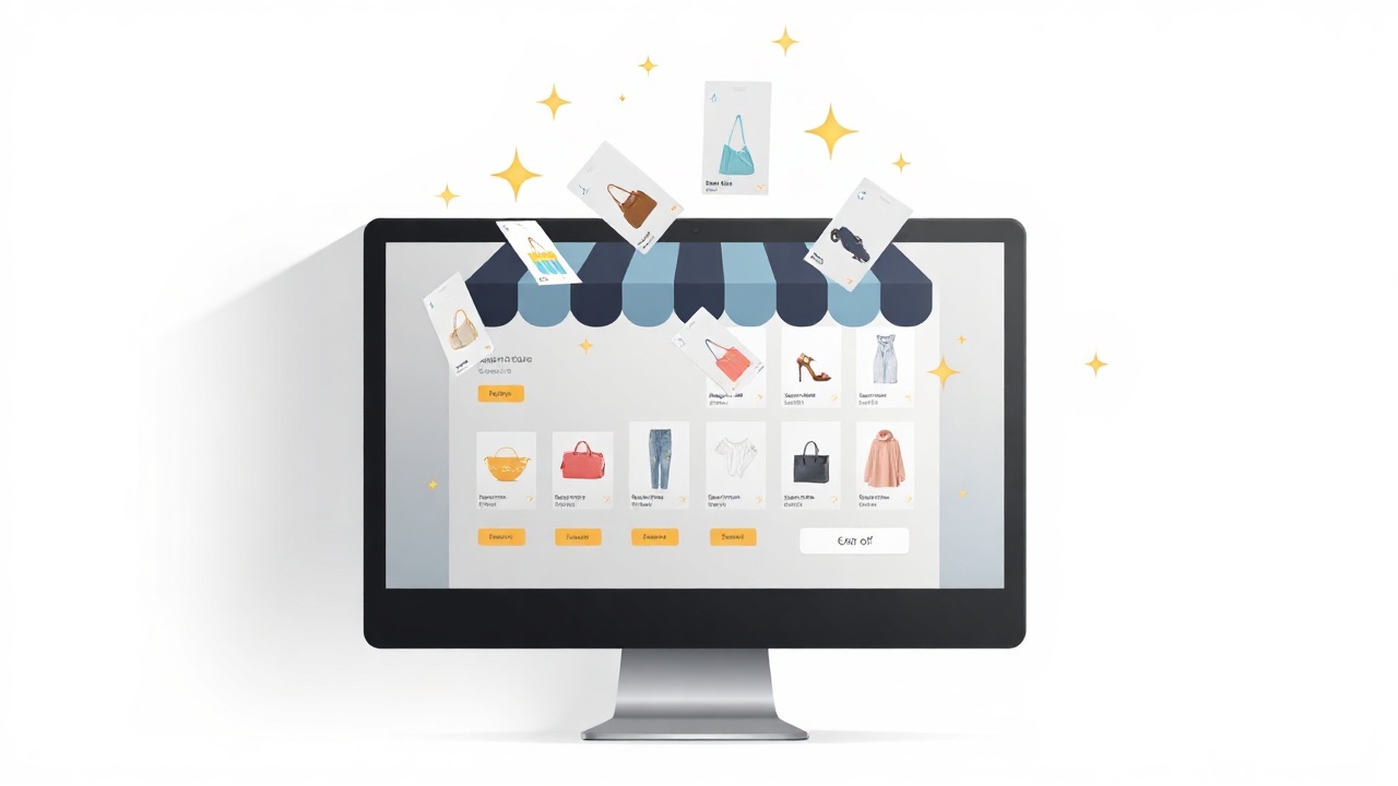 digital storefront displaying product listings with floating cards