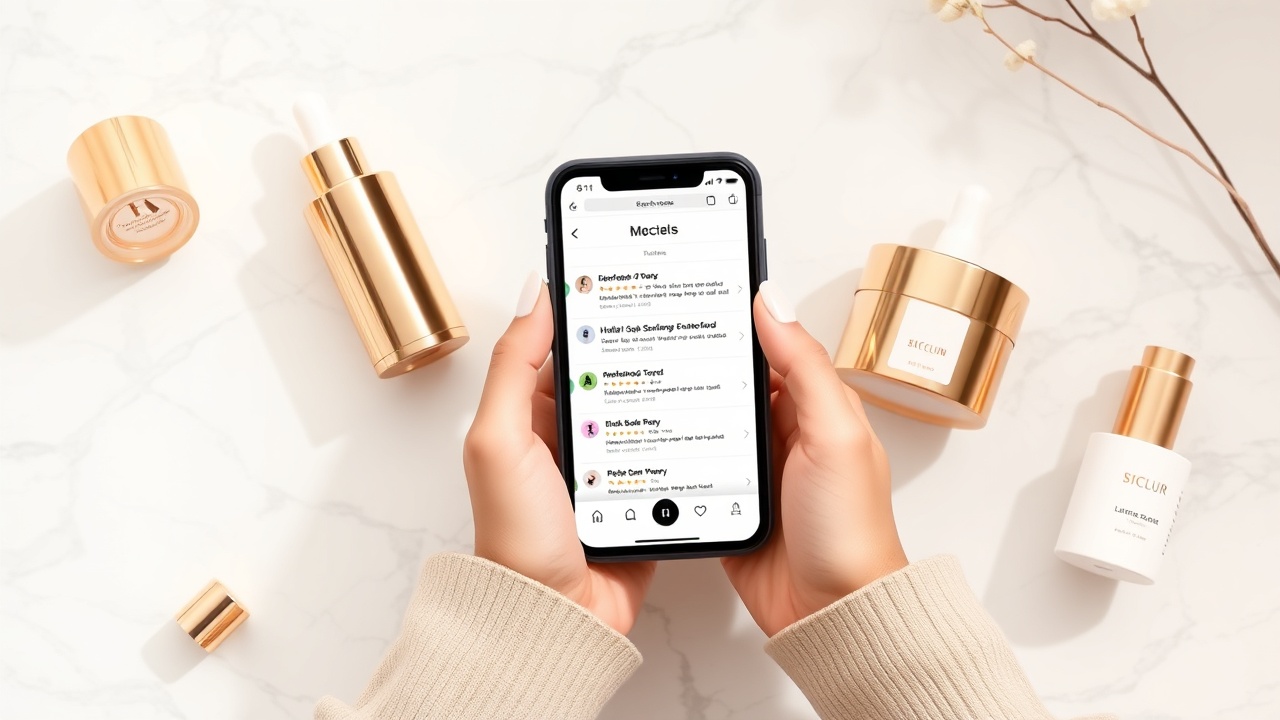 Woman reviewing beauty products on smartphone surrounded by skincare