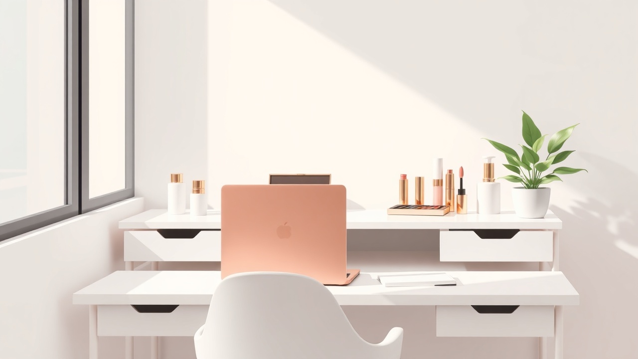 Elegant beauty content creator workspace with laptop and products