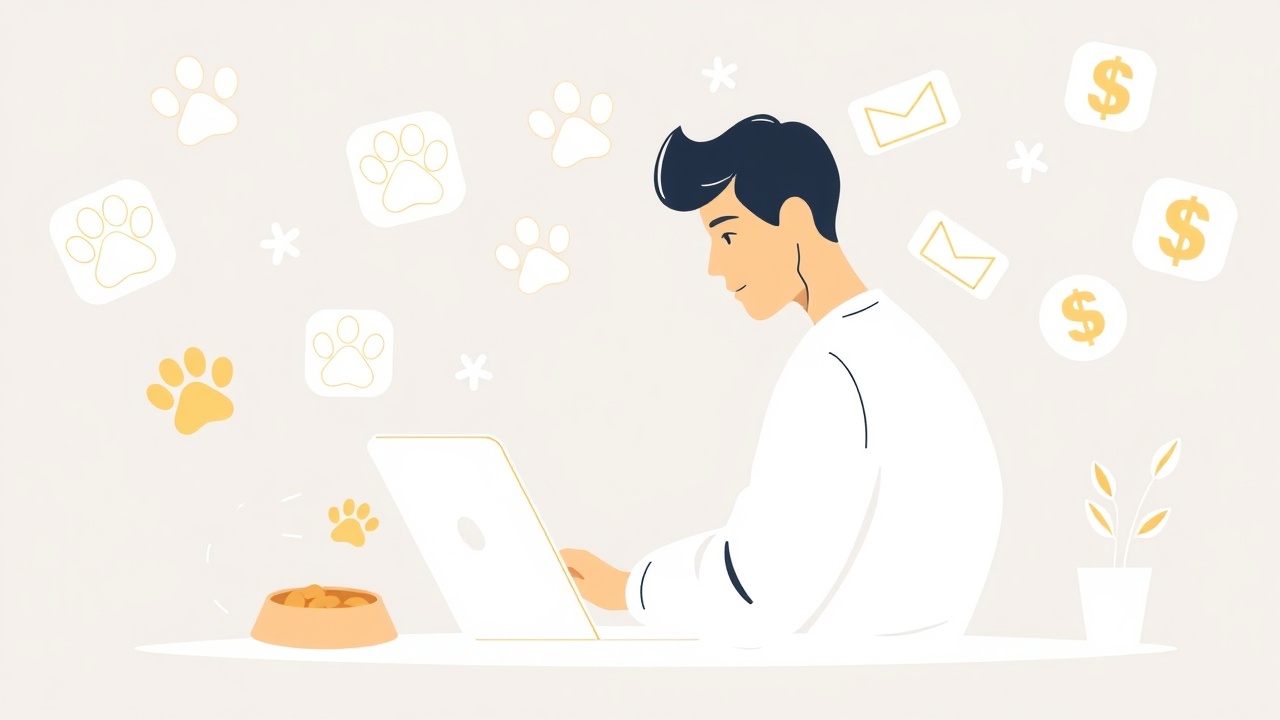 Person working on laptop with pet-related icons floating around them