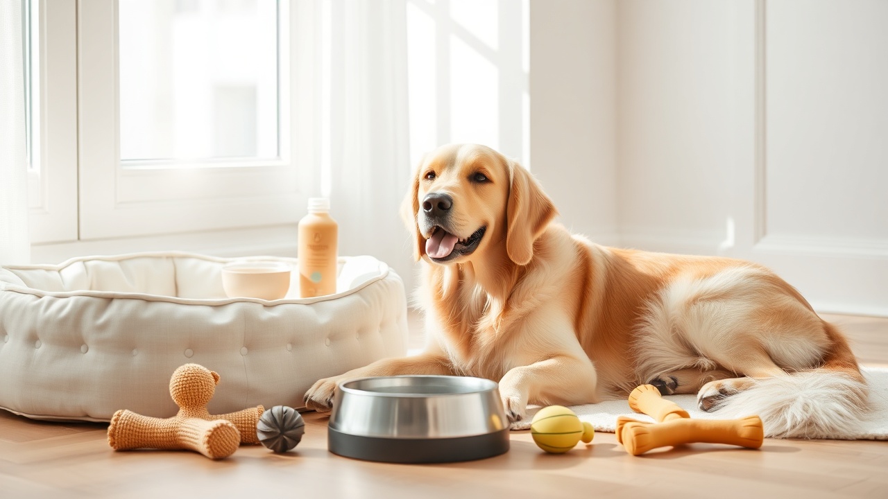 Golden retriever with premium pet products in modern interior