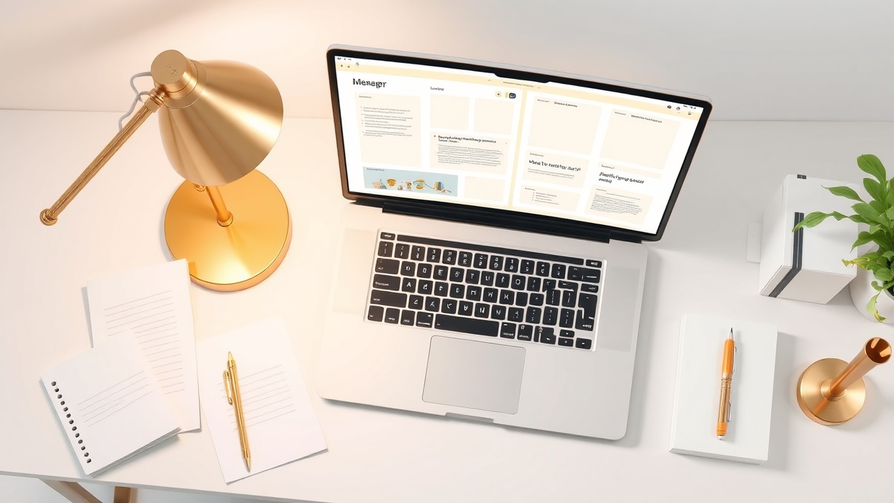Clean workspace with printable designs on laptop screen