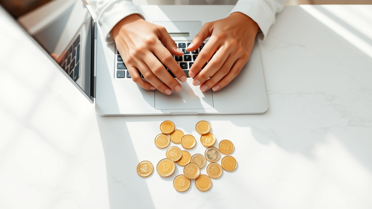 Person working on laptop with symbolic gold coins representing online earnings