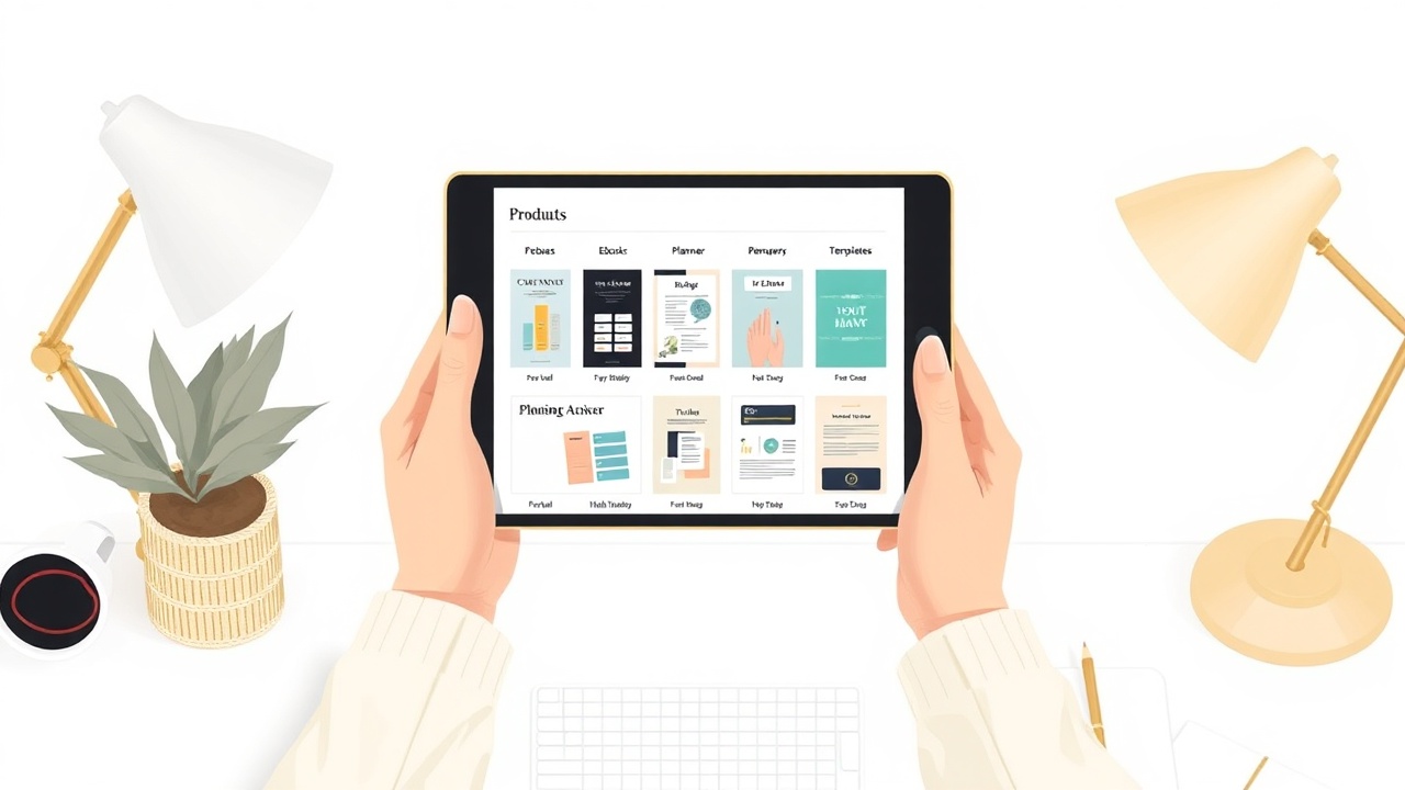 person browsing digital products on tablet with clean modern aesthetic