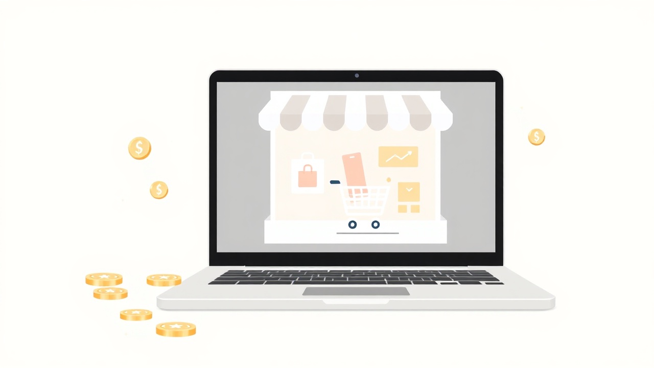 laptop displaying elegant digital product storefront with gold accents