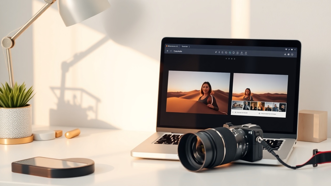 Camera and laptop ready for stock photo uploading