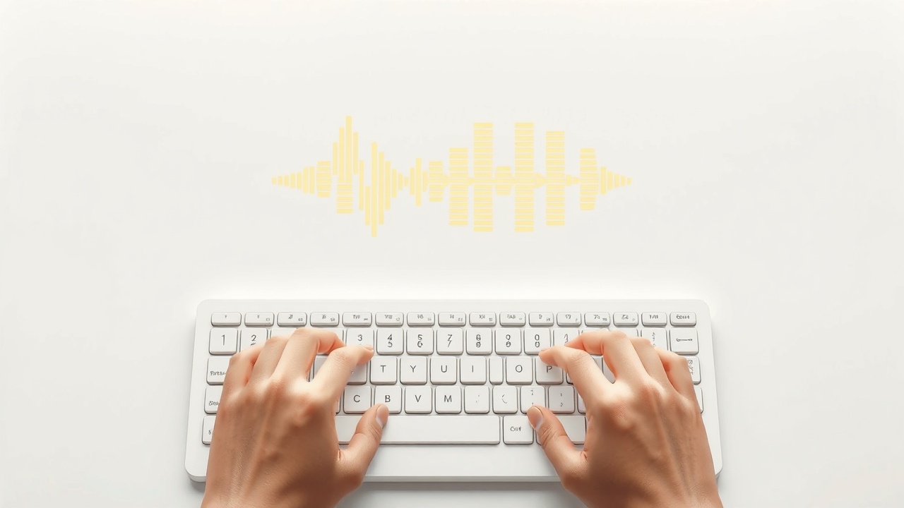 hands typing on keyboard with audio waveforms