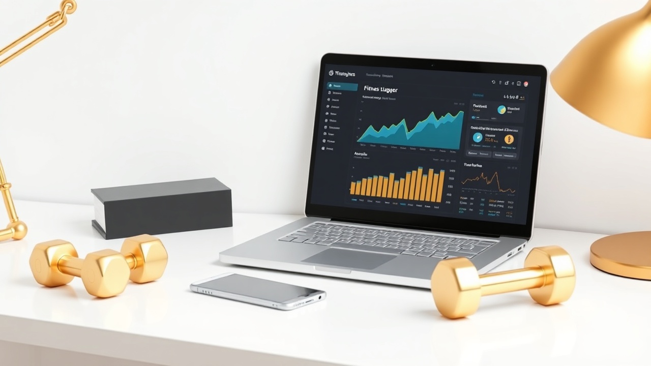 fitness blogger workspace with analytics and equipment
