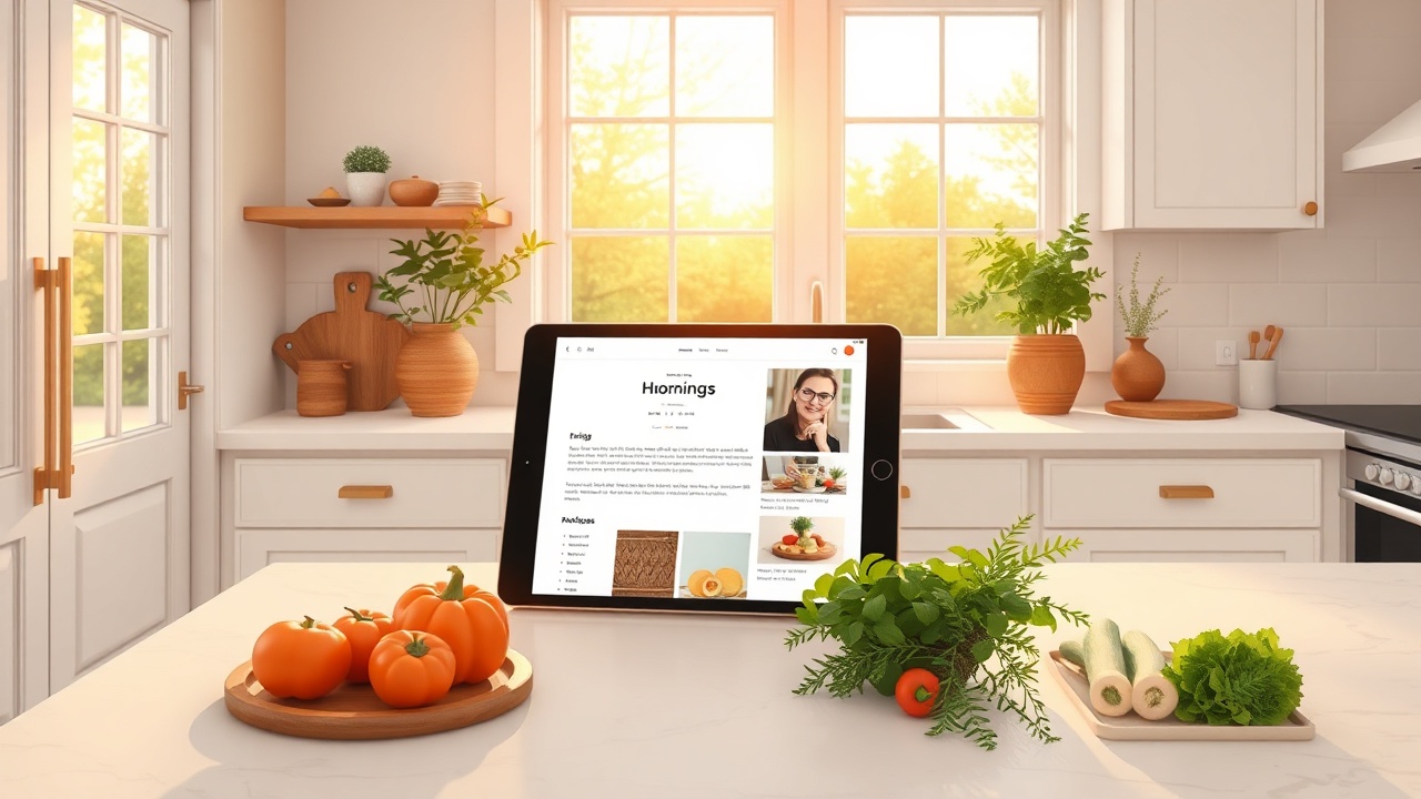 Home kitchen with tablet showing recipe blog