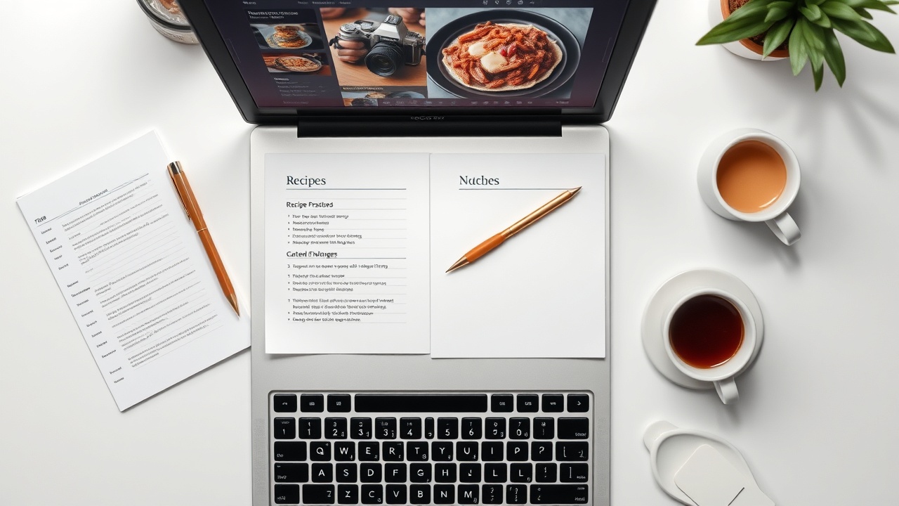 Food blogger workspace with laptop and recipe notes