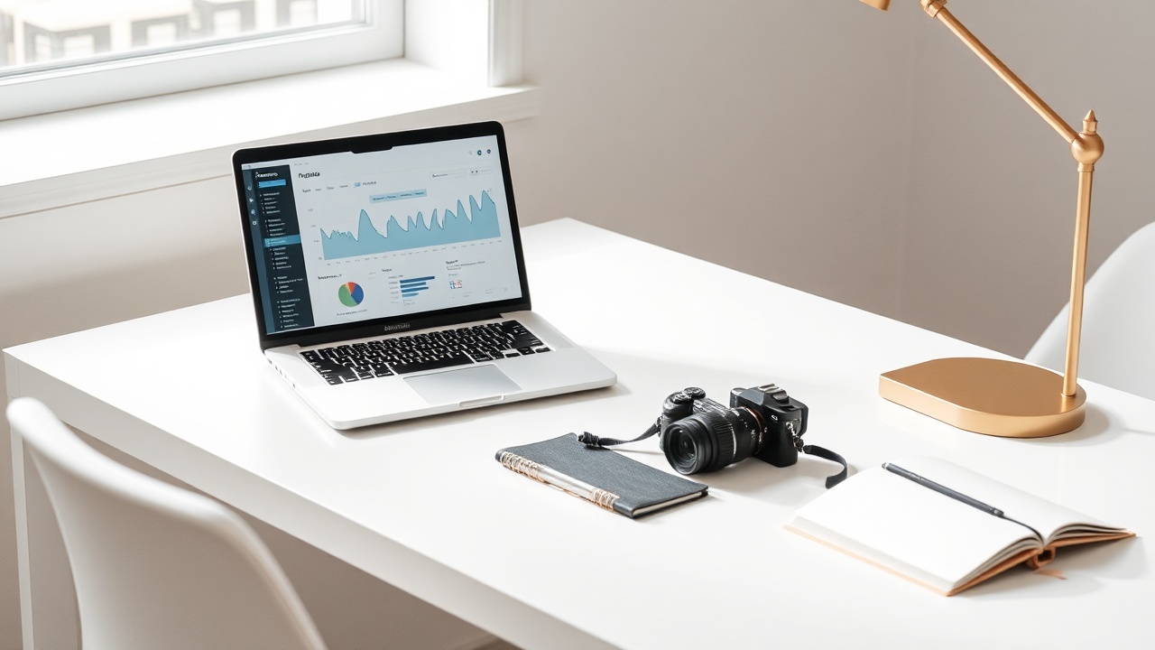Travel blogger workspace with analytics and content creation tools