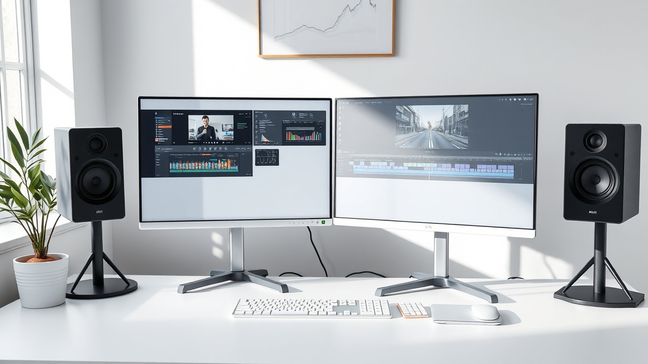 Modern creator workspace with audio and video editing software on dual monitors
