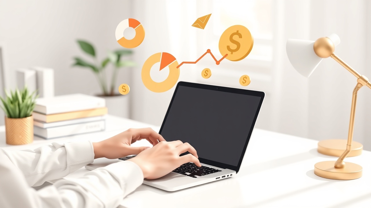 Virtual bookkeeper working on laptop with financial data