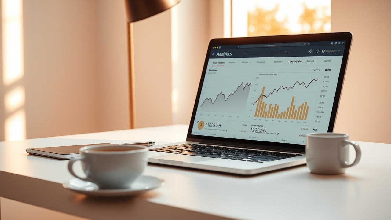 Laptop showing extension growth analytics in a bright workspace