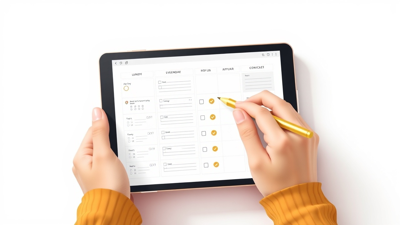 Hands using a digital planner on tablet with stylus