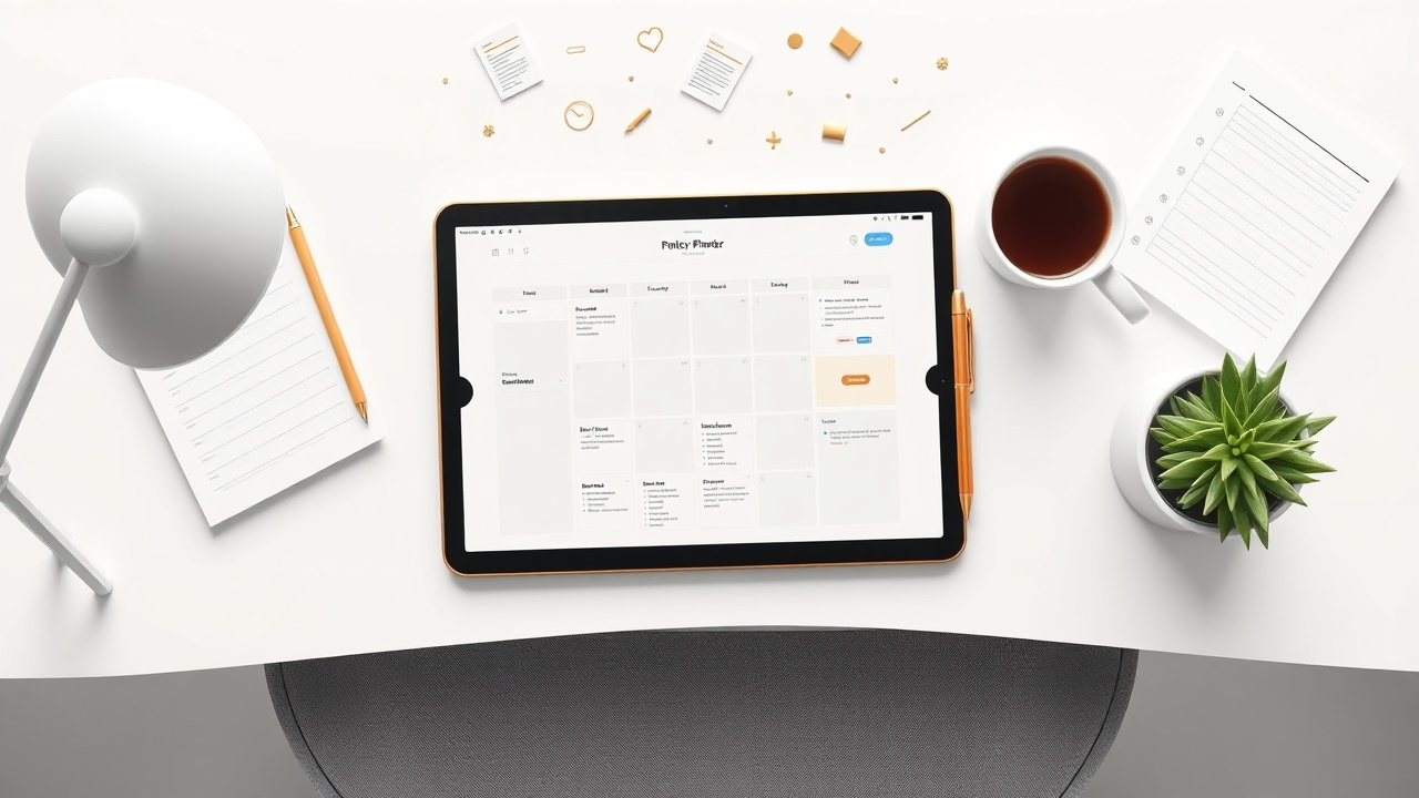 Styled flat lay desk with tablet showing digital planner