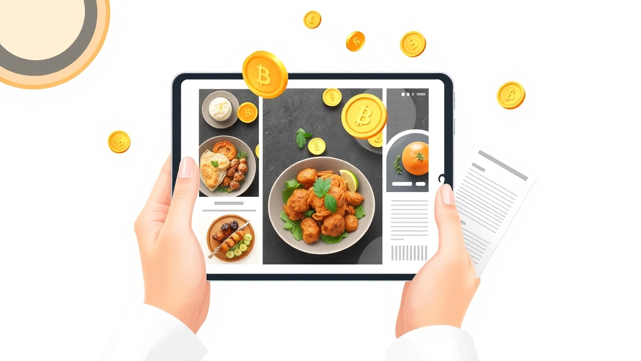 Tablet displaying recipe ebook with golden coins representing passive income