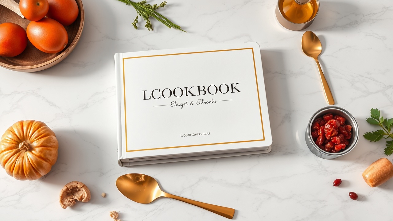 Professionally styled cookbook on marble surface with gold accents