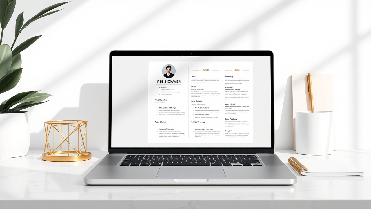 Designer workspace with resume templates on laptop screen