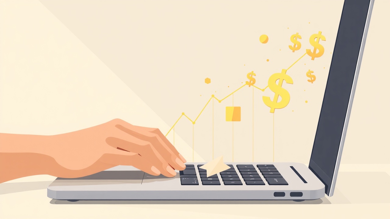 Person creating content on laptop with monetization symbols floating upward