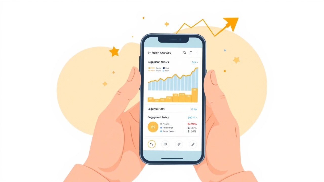 smartphone showing social media engagement analytics with gold accents
