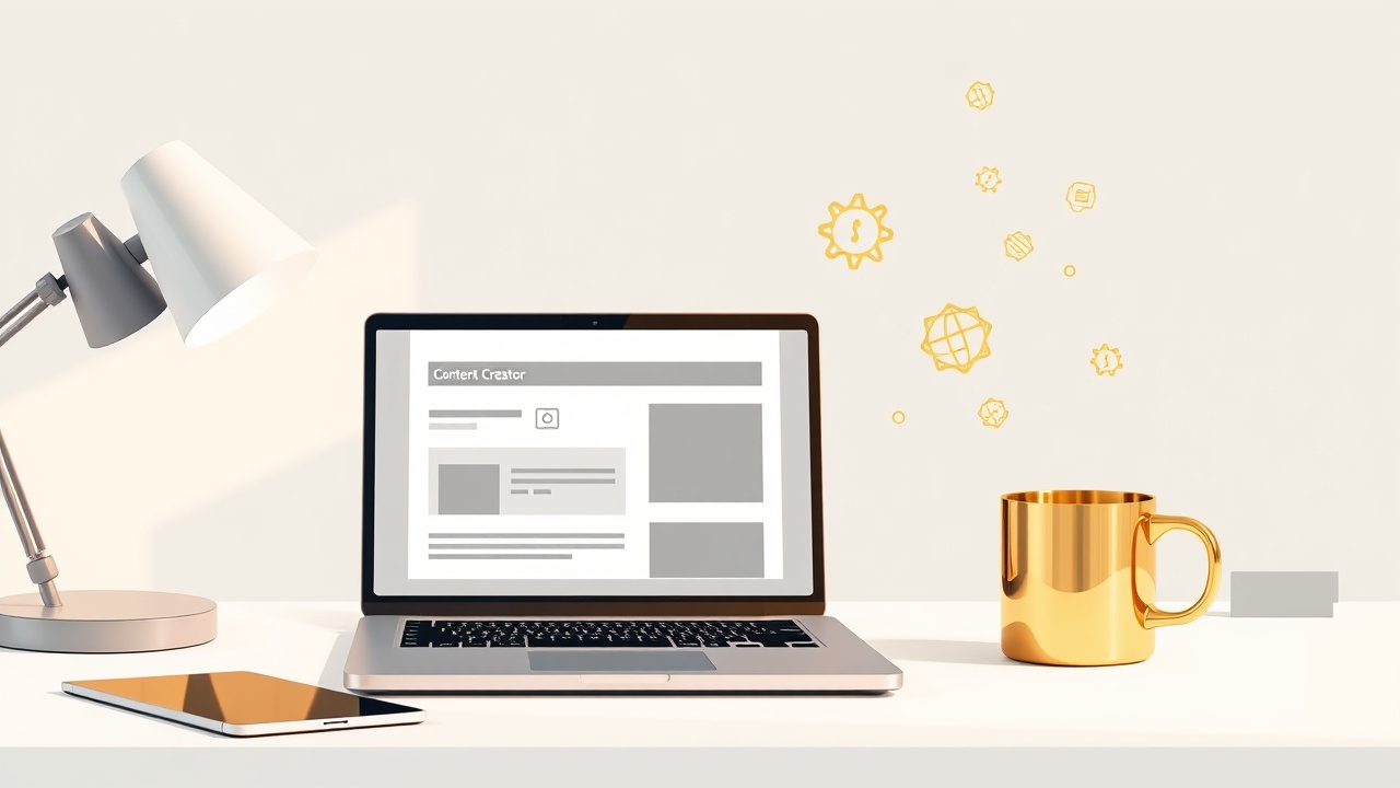 creator workspace with laptop and media kit documents in white and gold aesthetic