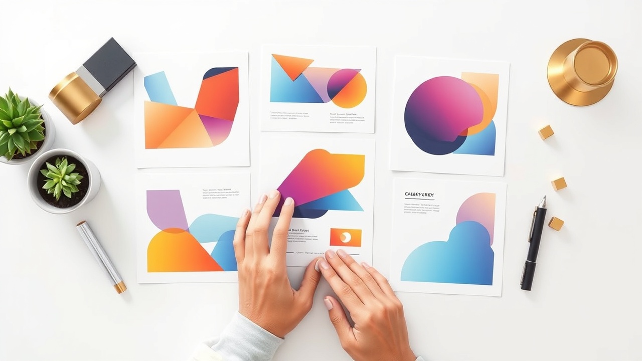 Person arranging digital template designs on desk