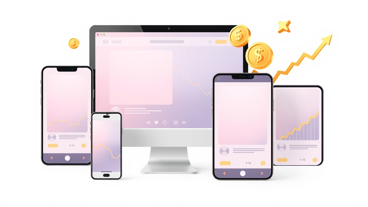 Multiple devices showing template designs with growth indicators
