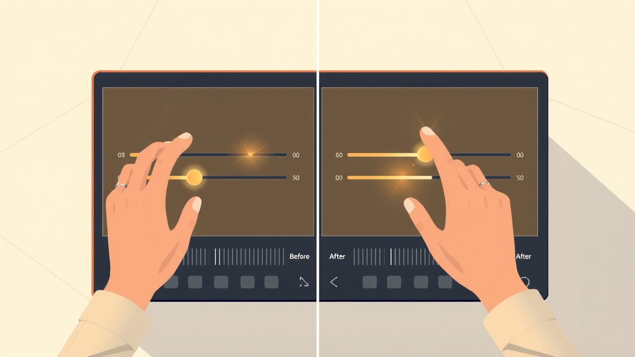 Photo editor adjusting Lightroom sliders with before/after comparison