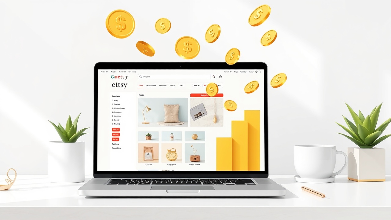Laptop showing online shop with preset products and floating coins representing sales