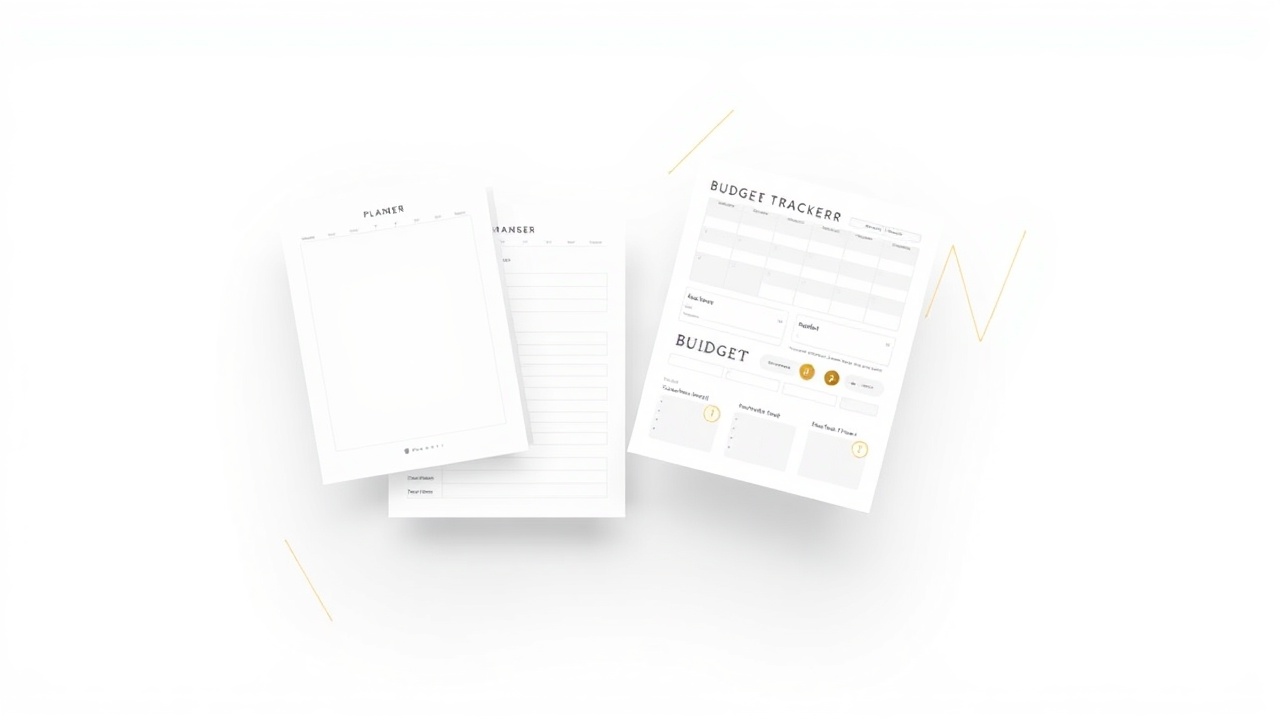 Digital printable planners and trackers floating in aesthetic arrangement
