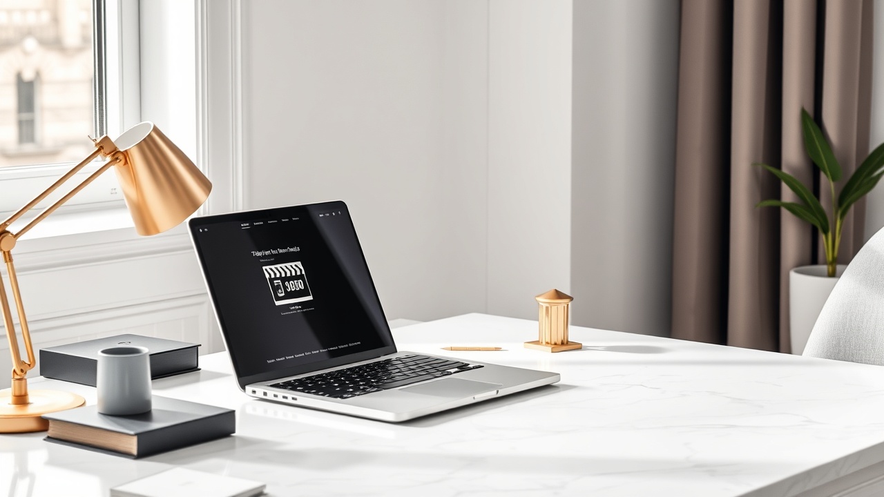 Modern home office workspace with laptop showing online shop