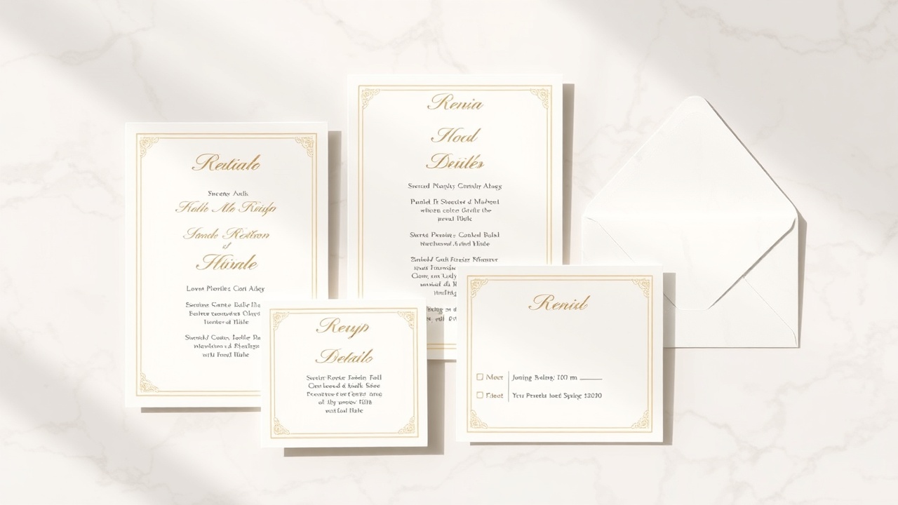 Wedding invitation template suite arranged on marble surface