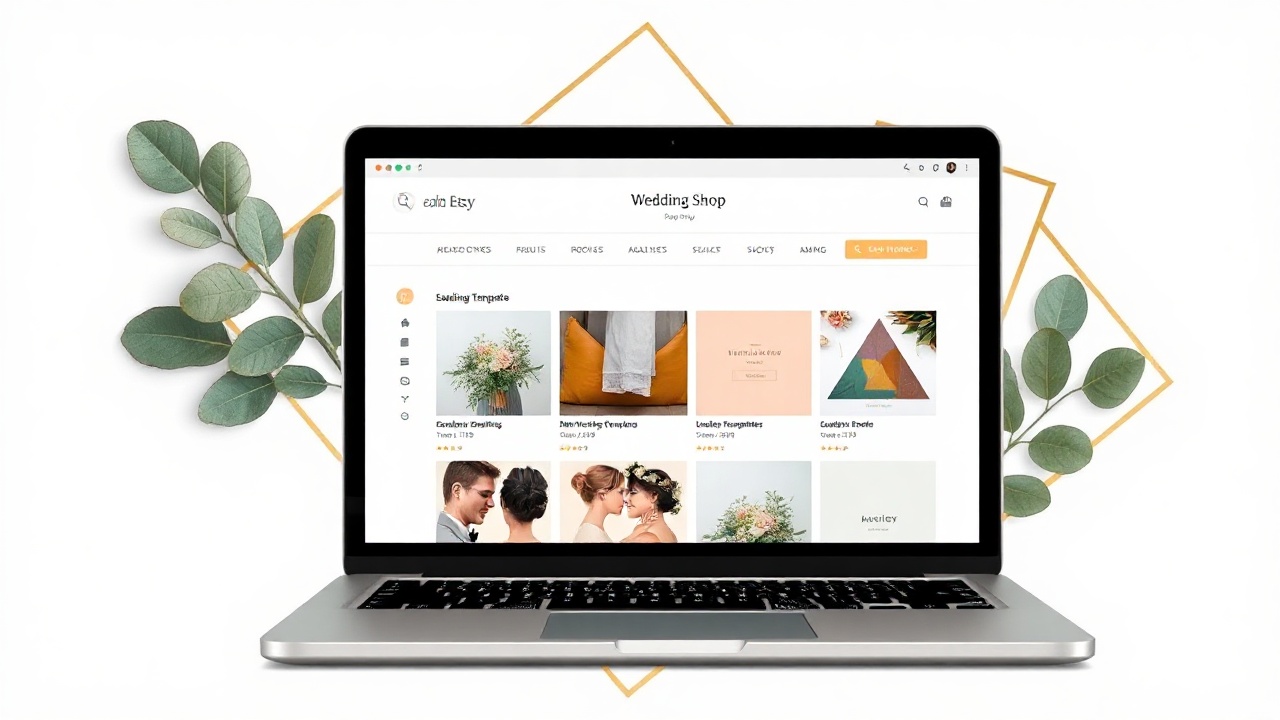 Laptop showing Etsy wedding template shop dashboard