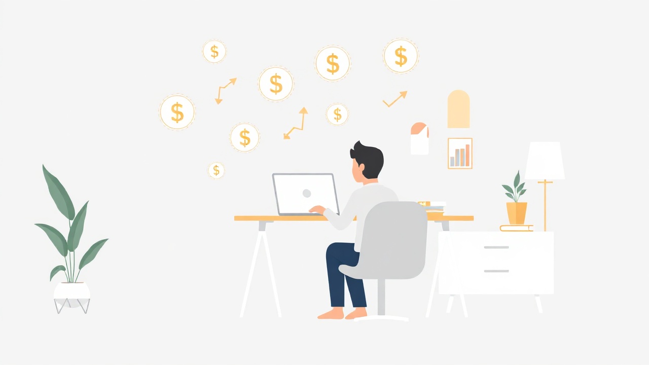 Person working from home with multiple income stream icons