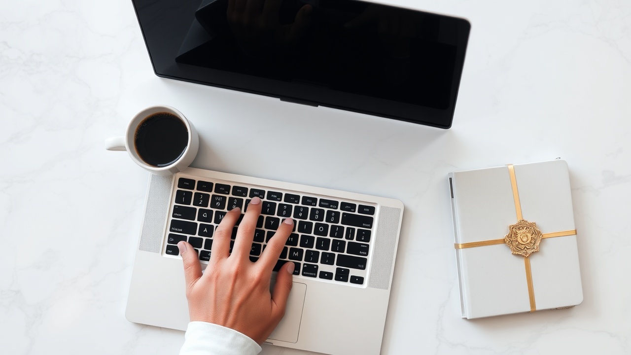 Writer creating newsletter content at minimal desk