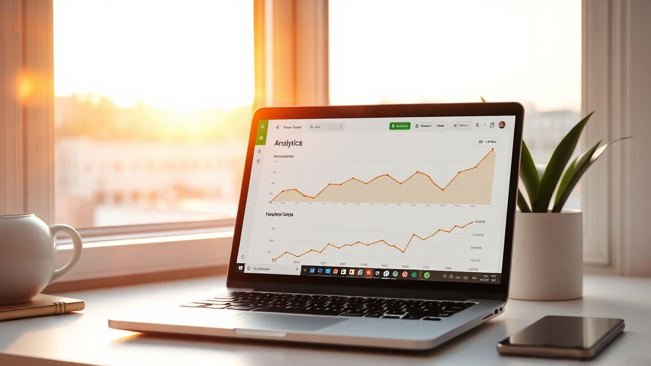 laptop showing analytics with upward trend in golden light