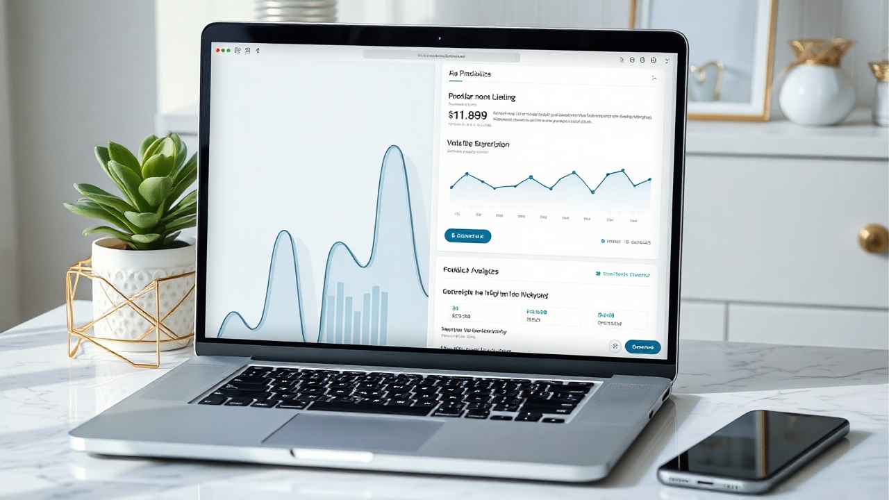 Laptop showing Etsy listing analytics on stylish desk